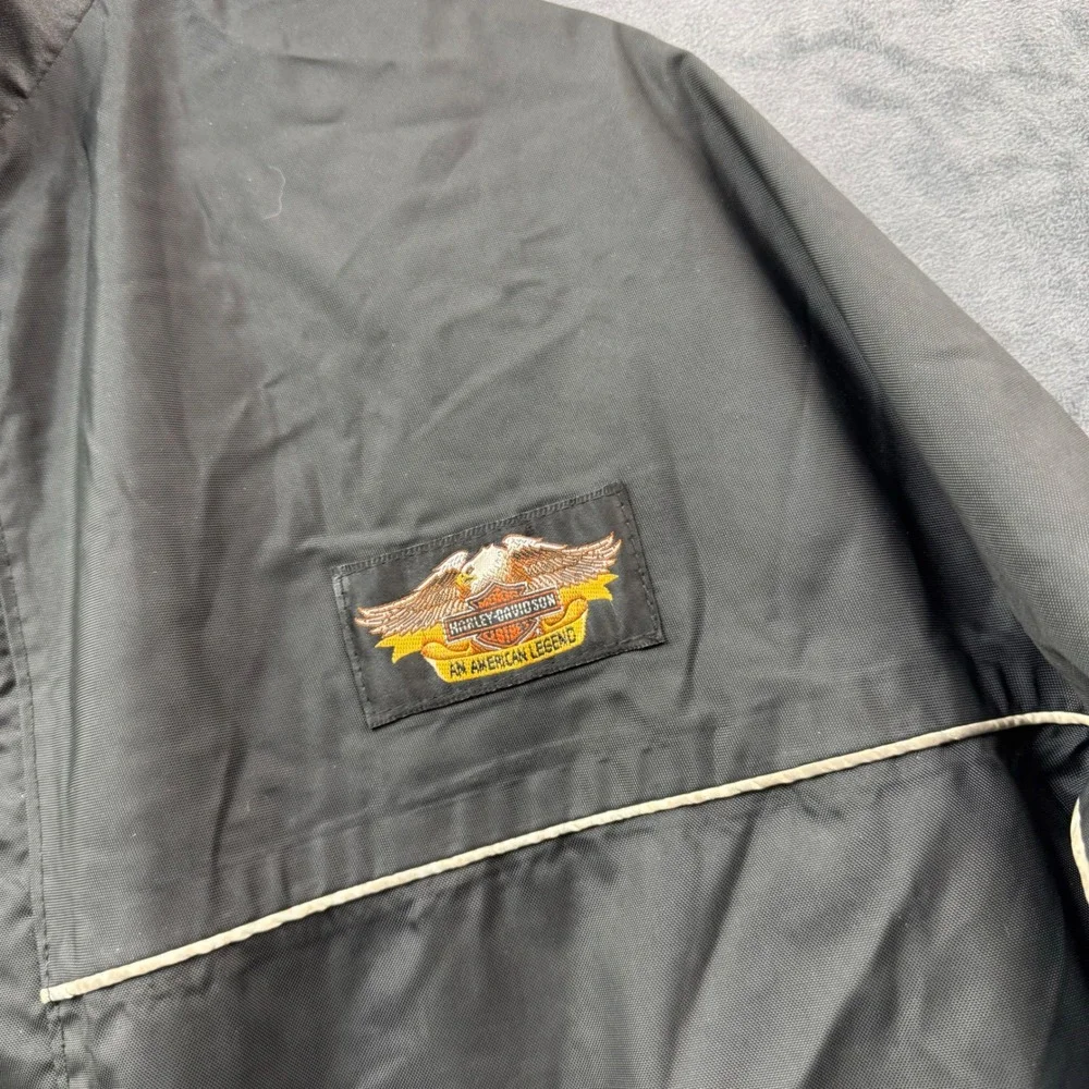 Harley-Davidson Vintage Riding Jacket Black XL Eagle Patch Distressed Cut Sleeve
